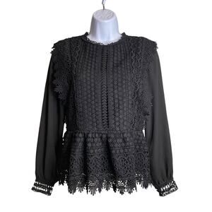 Anthropologie Allison New York Women's Black Lace Trim Peplum Blouse‎ Size XS